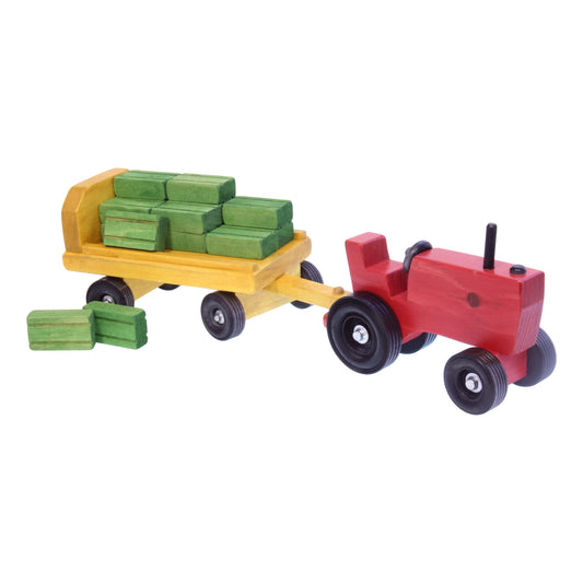 Amish-Made Wooden Toy Tractor and Wagon Set with Hay Bales