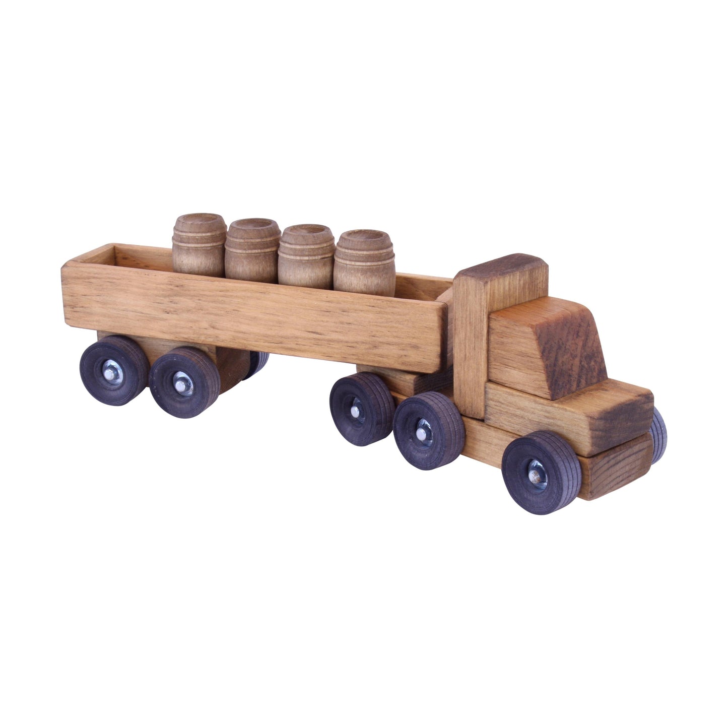 Wooden Semi Truck Toy, Small, With 4 Wooden Drums