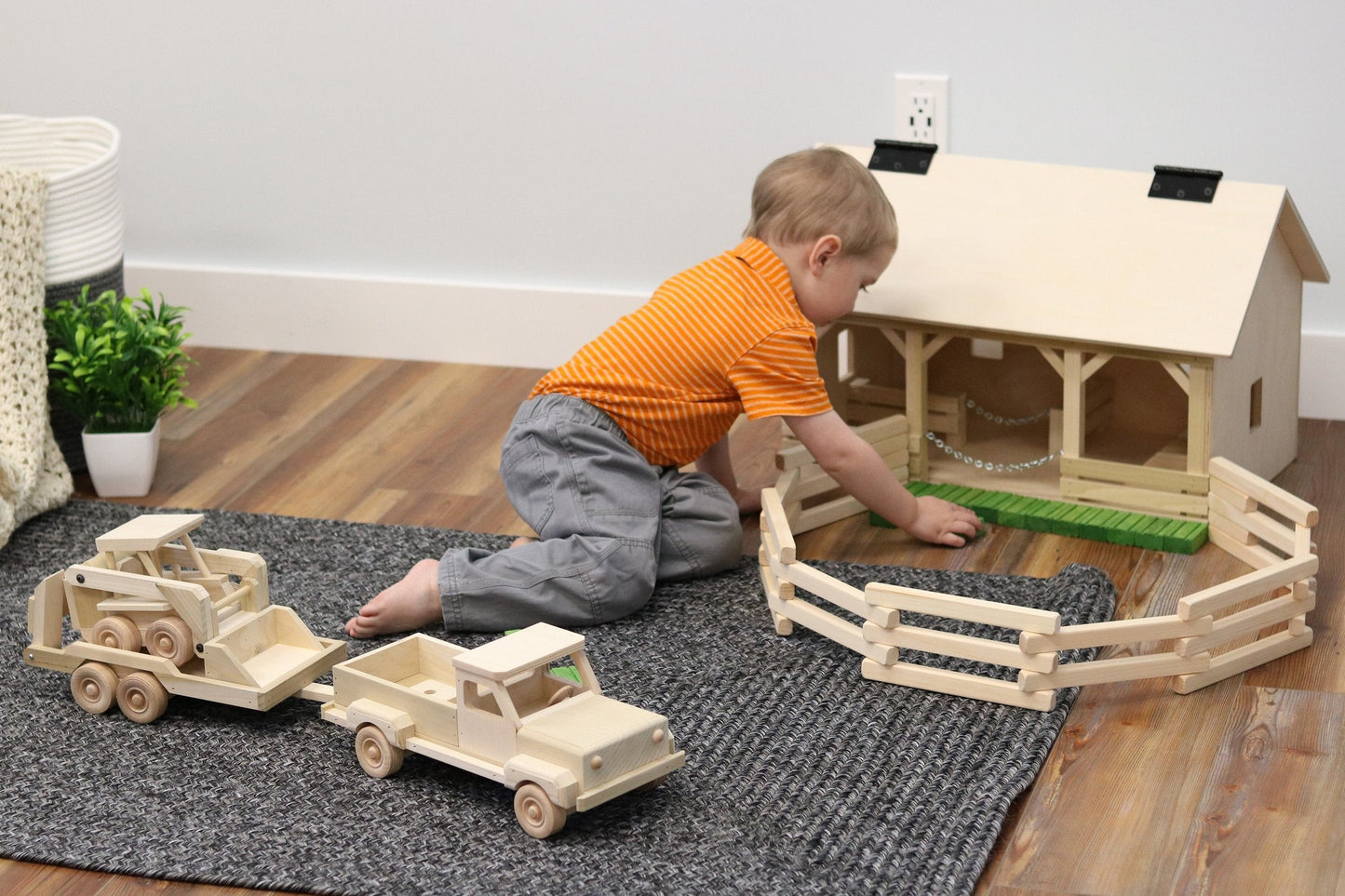 Wooden Toy Pickup Truck and Flatbed Trailer with Skidloader Set