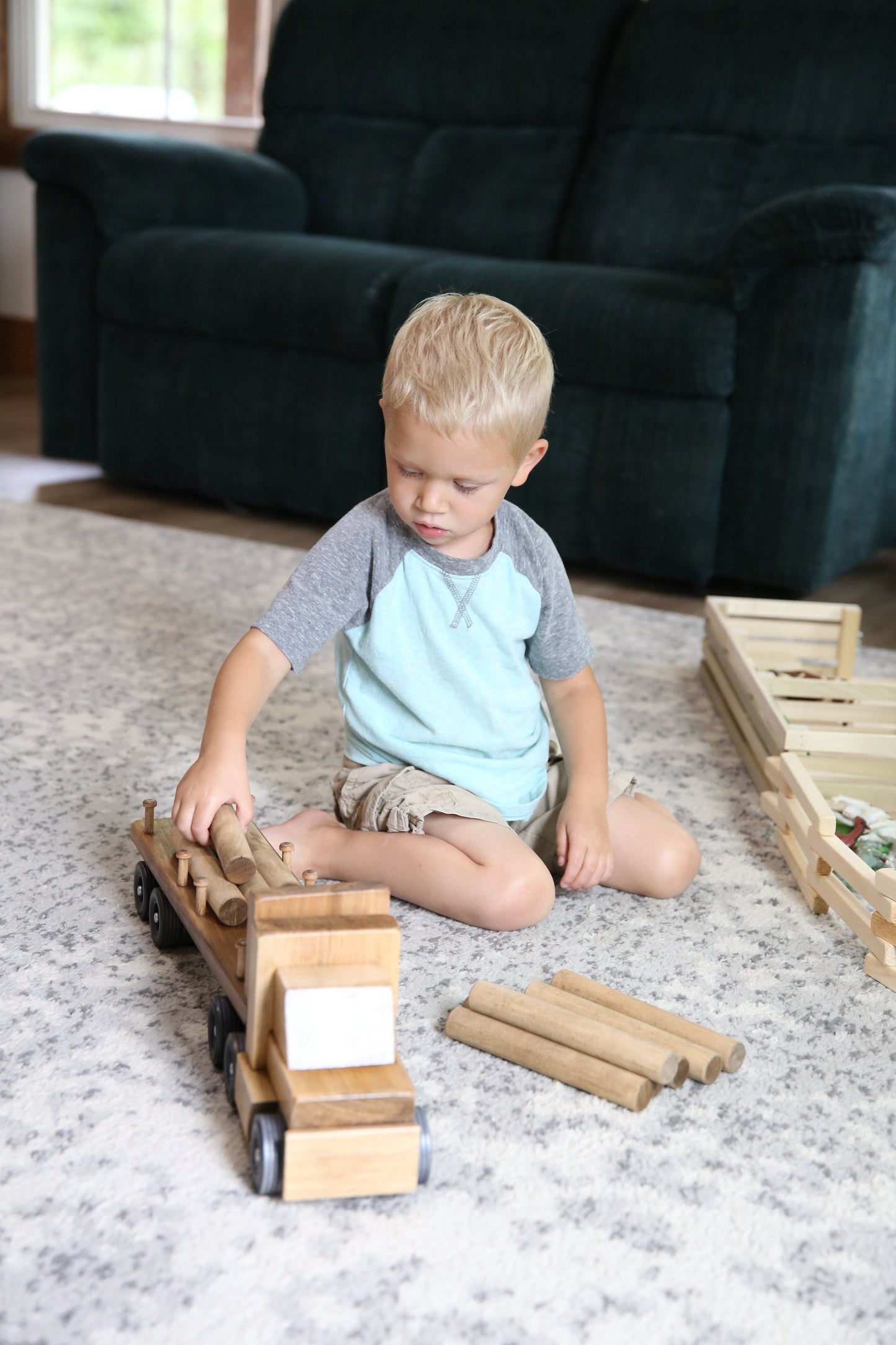 Amish-Made Wooden Log Semi Truck Toy, With Removable Logs