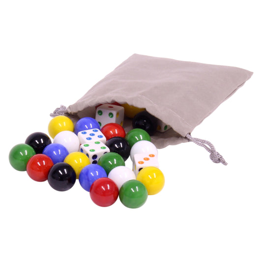 Game Bag of 24 Large Glass Marbles (18mm Diameter) and 6 Dice for Aggravation Game