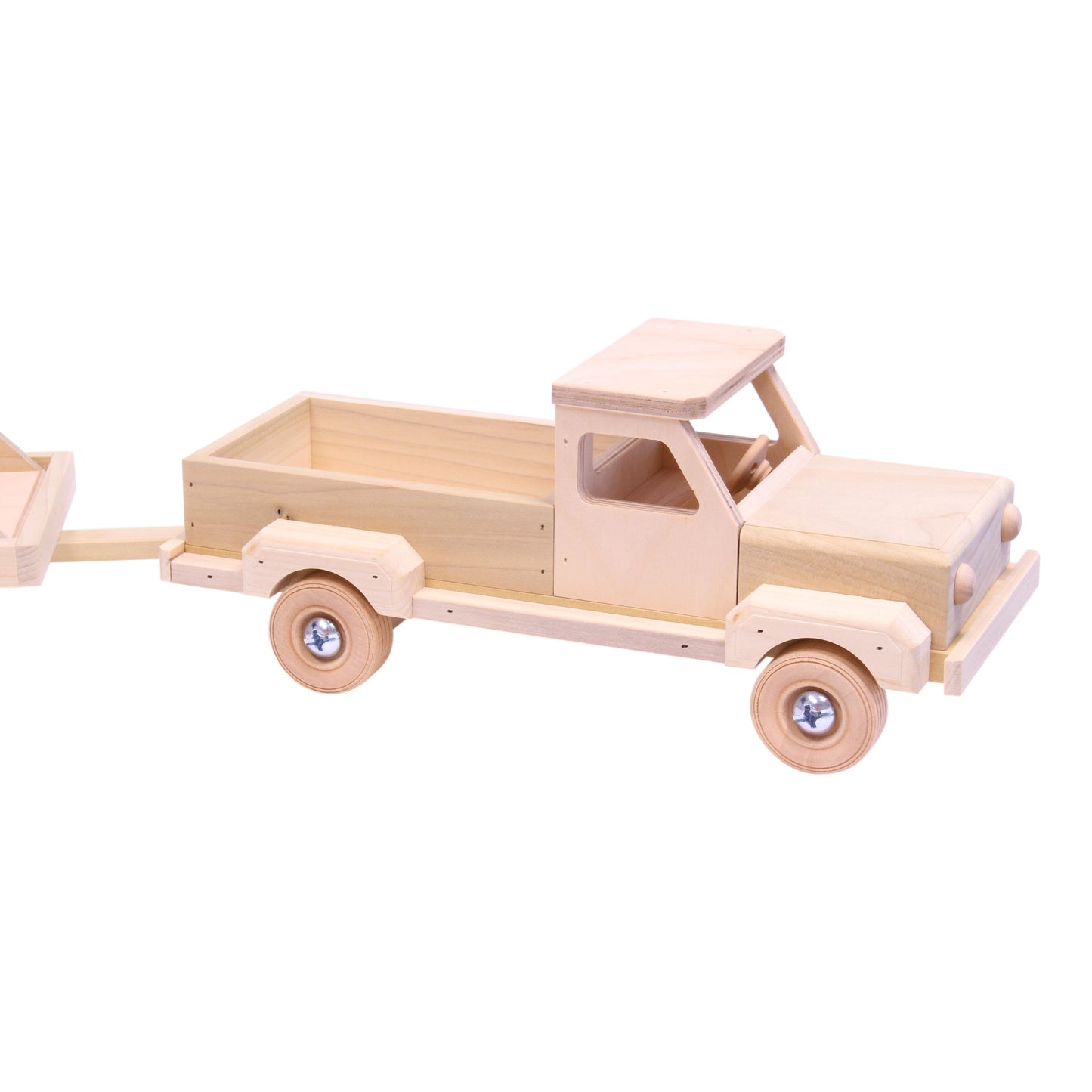 Wooden Toy Pickup Truck and Flatbed Trailer with Skidloader Set