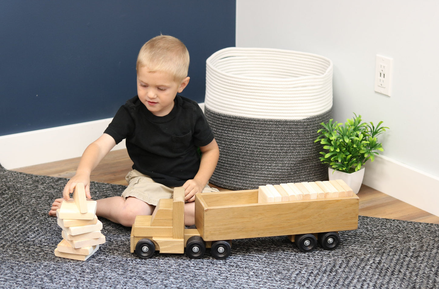 Large Wooden Semi Truck and Trailer Toy with Building Blocks