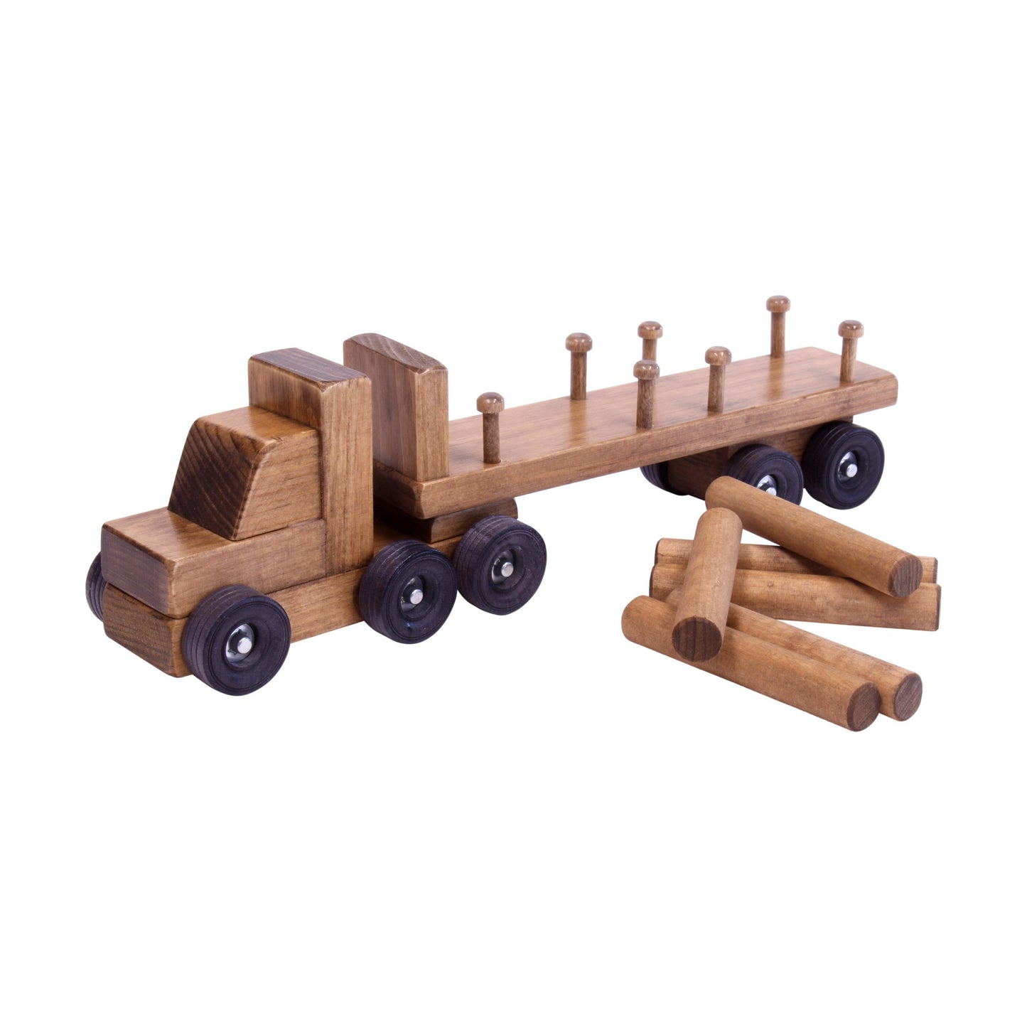 Amish-Made Wooden Log Semi Truck Toy, With Removable Logs