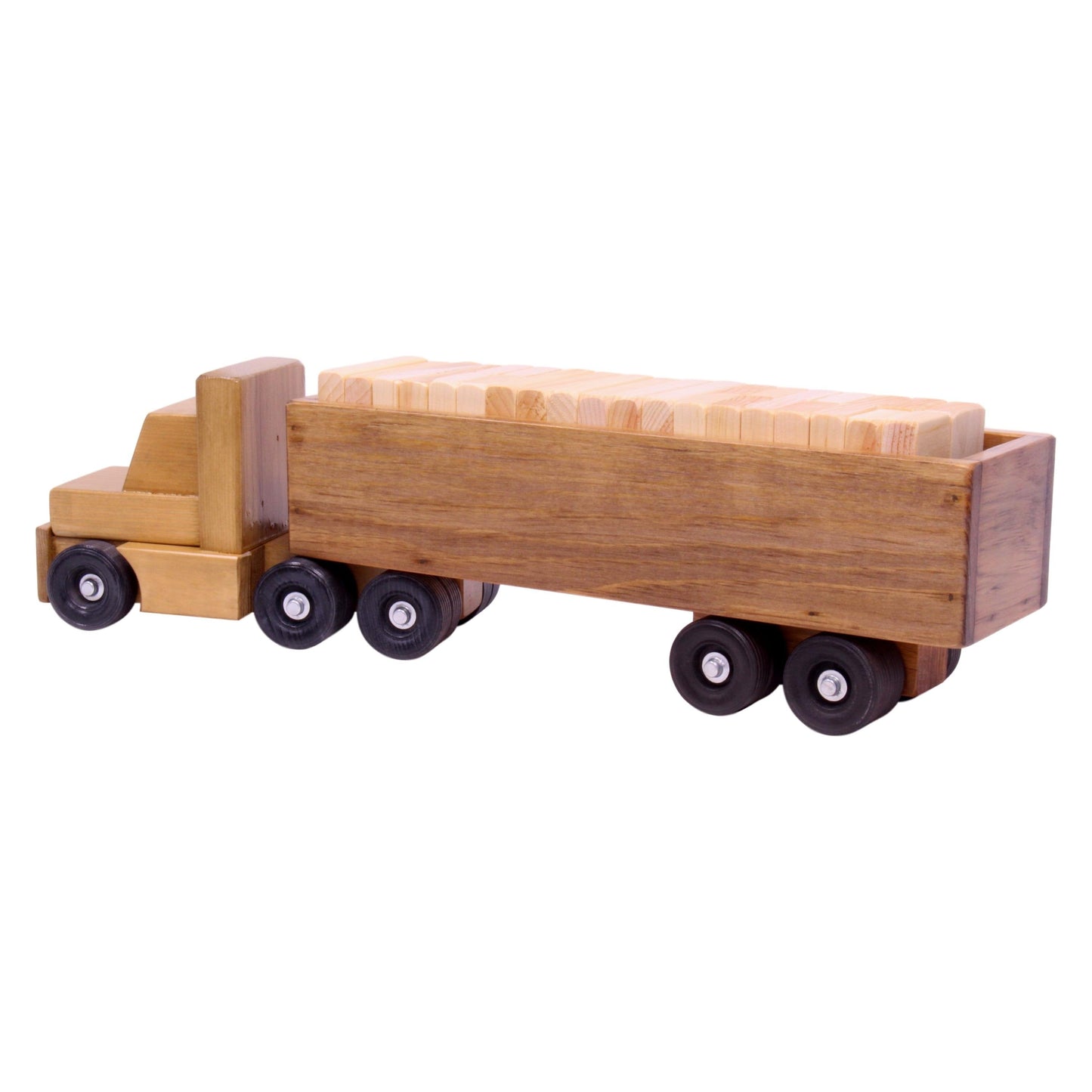 Large Wooden Semi Truck and Trailer Toy with Building Blocks