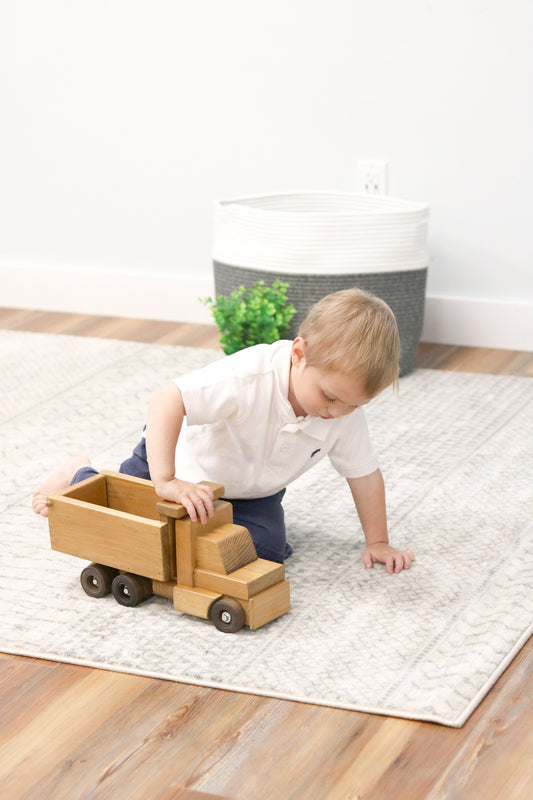 Wooden Dump Truck Toy With Real Rolling Wheels and Dumping Bed