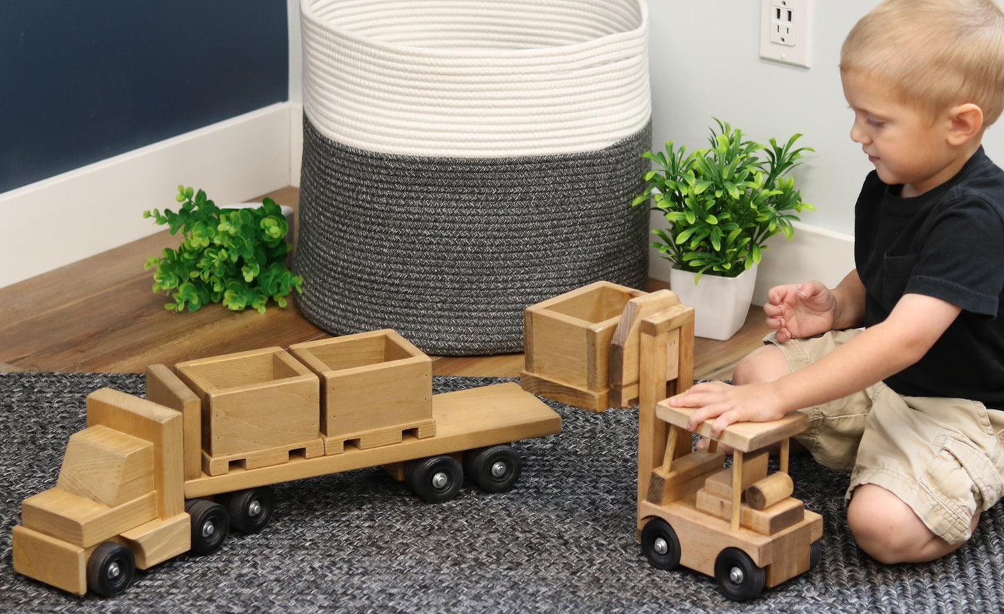 Large Wooden Semi Bin Truck and Trailer Toy Set with Forklift