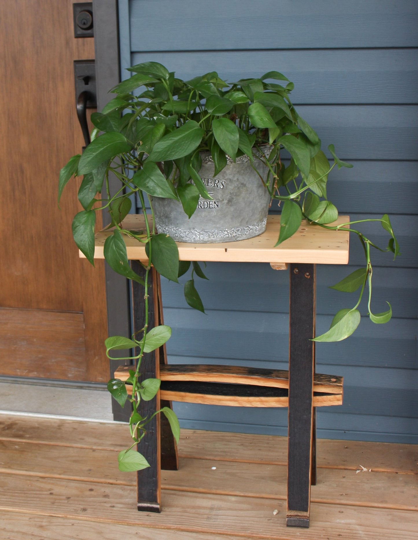 Rustic Wooden Plant Stand or End Table with Wormy Maple Top and Barrel Stave Legs