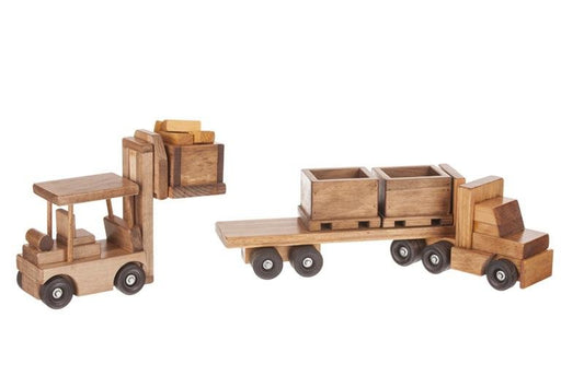 Large Wooden Semi Bin Truck and Trailer Toy Set with Forklift