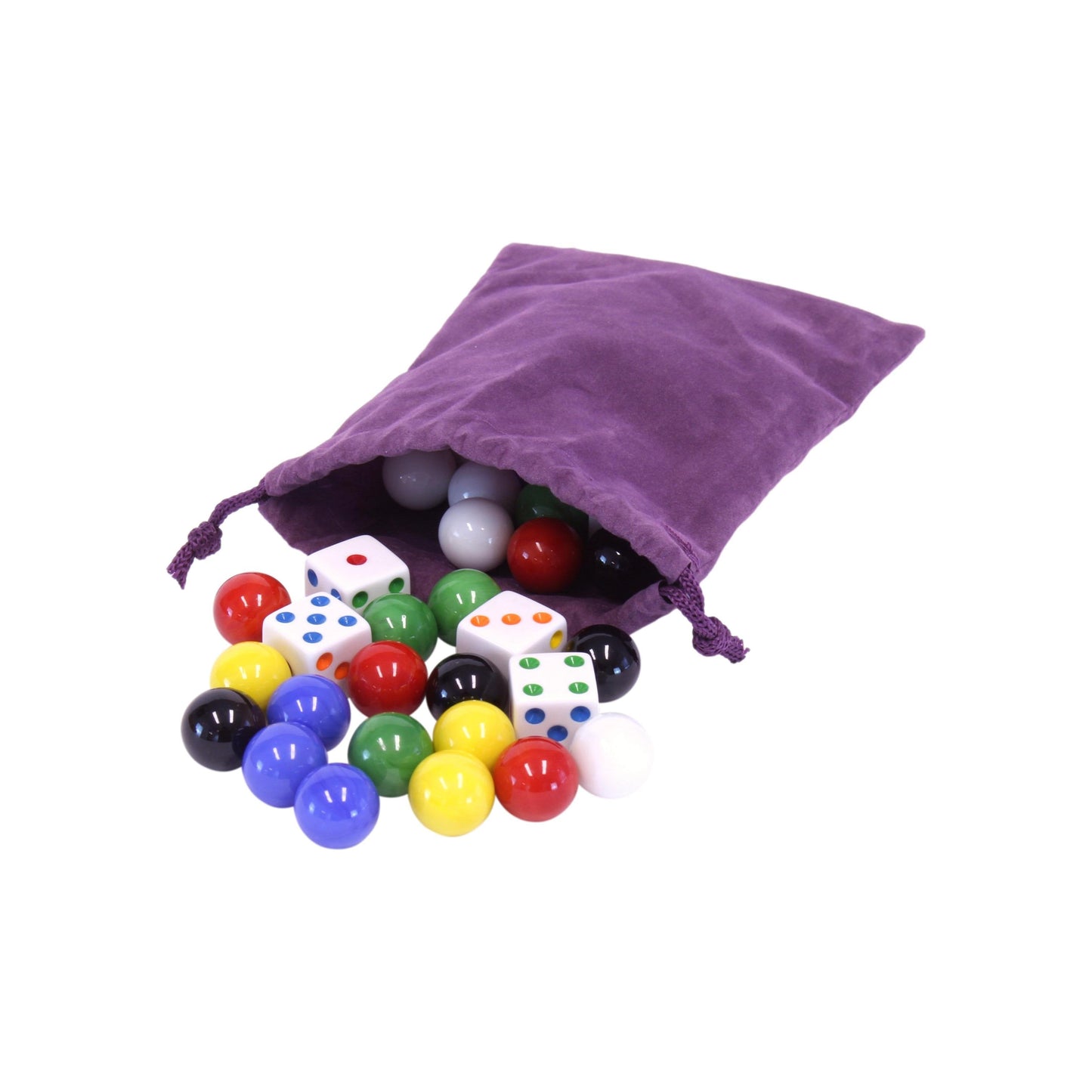 Bag of 24 Glass Marbles (16mm) and 6 Dice for Aggravation Game