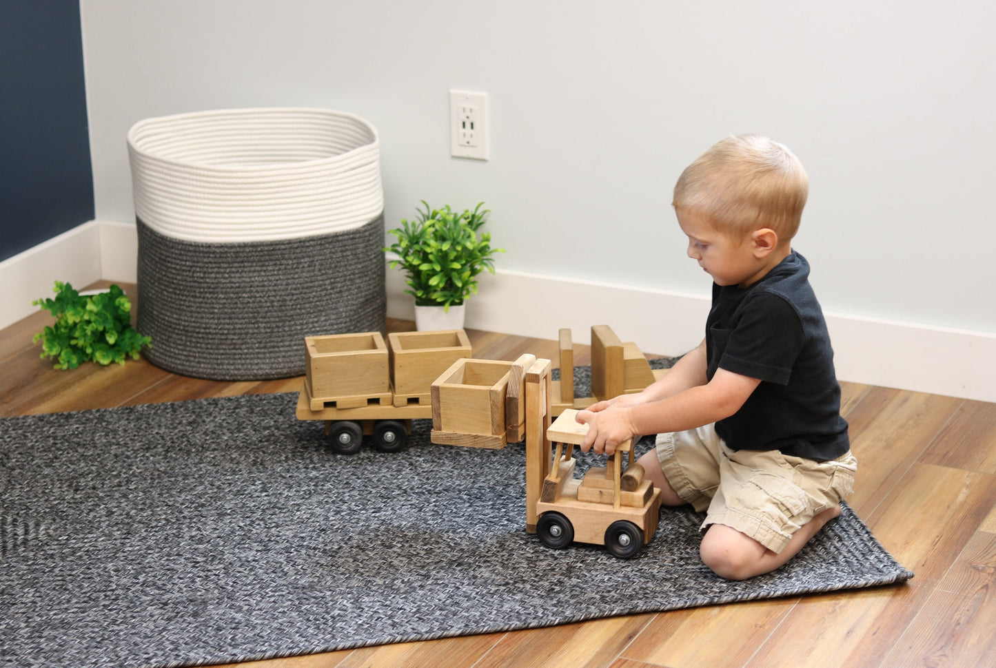 Large Wooden Semi Bin Truck and Trailer Toy Set with Forklift