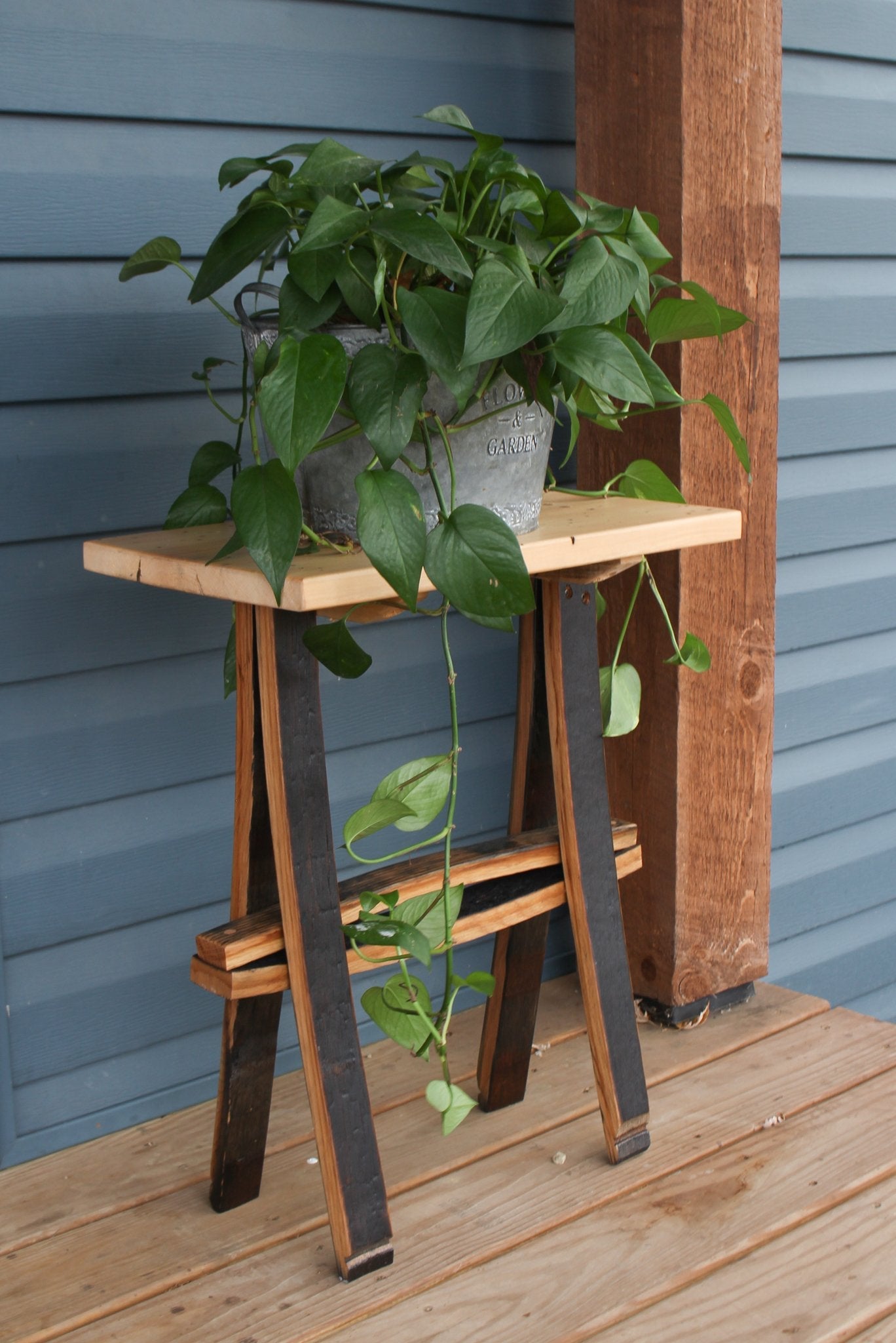 Rustic Wooden Plant Stand or End Table with Wormy Maple Top and Barrel Stave Legs