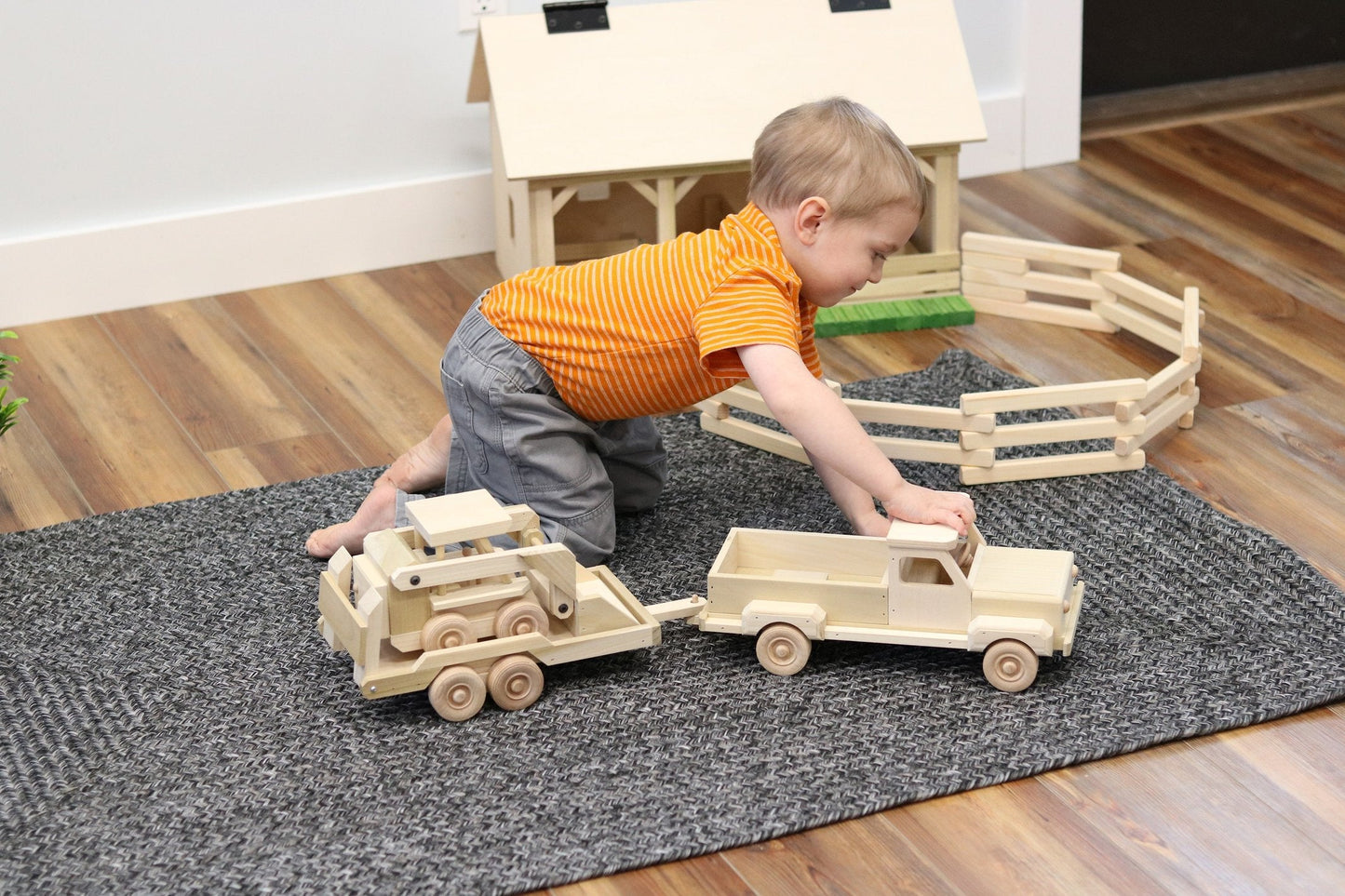 Wooden Toy Pickup Truck and Flatbed Trailer with Skidloader Set