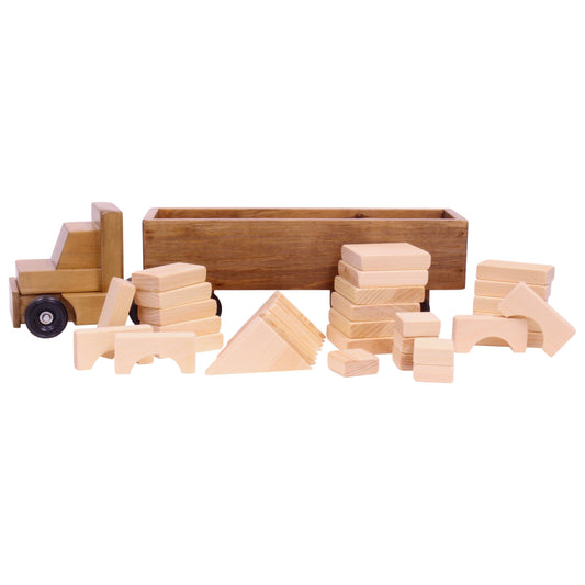 Large Wooden Semi Truck and Trailer Toy with Building Blocks