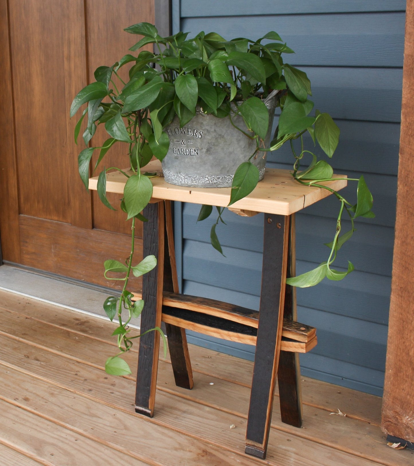 Rustic Wooden Plant Stand or End Table with Wormy Maple Top and Barrel Stave Legs