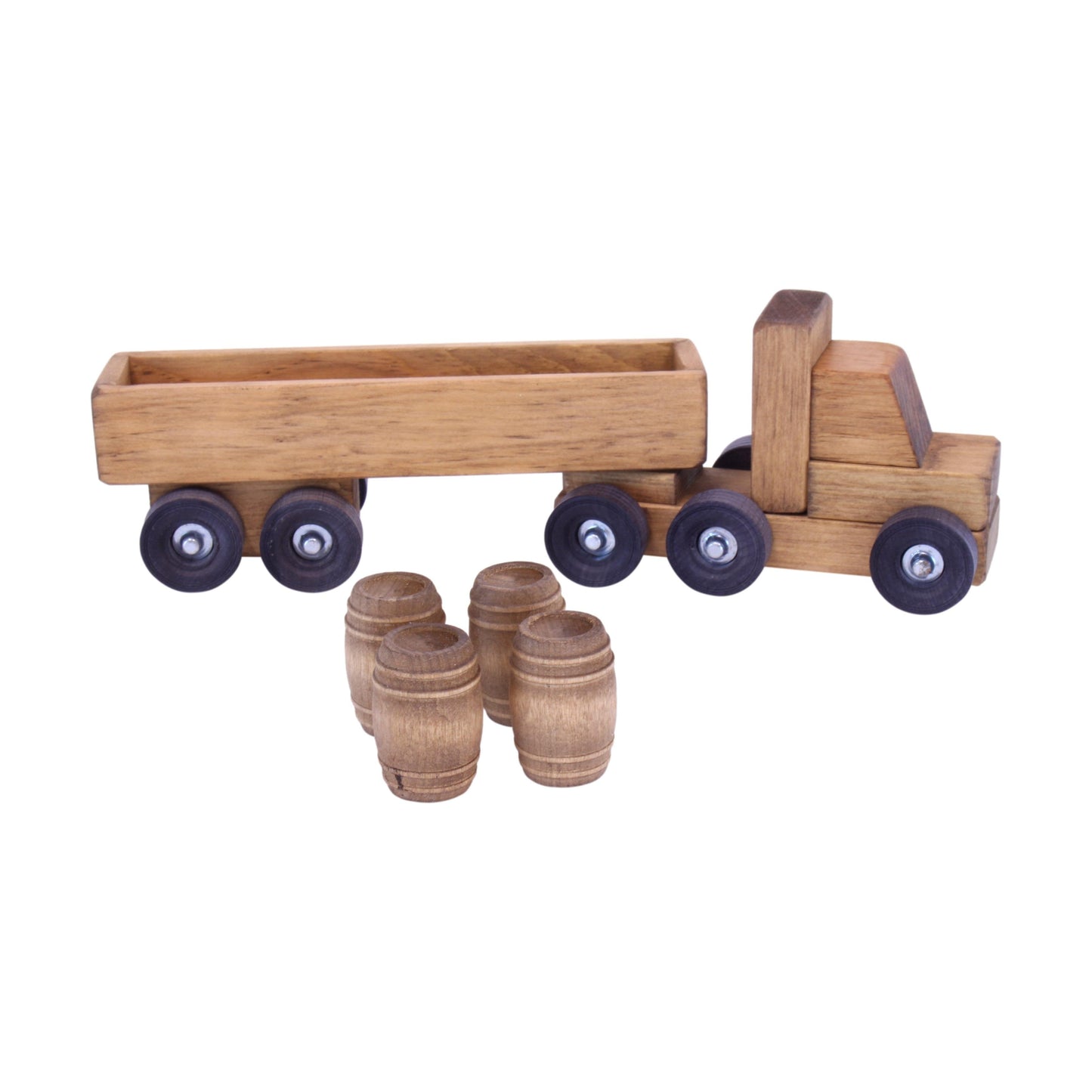 Wooden Semi Truck Toy, Small, With 4 Wooden Drums