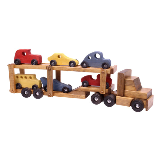 Wooden Car-Transporter Semi Truck and Trailer Toy Set with 6 Cars