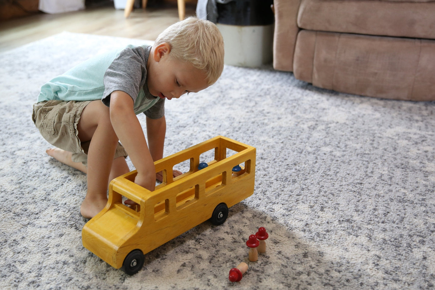 Amish-Made Wooden School Bus Toy With Little People