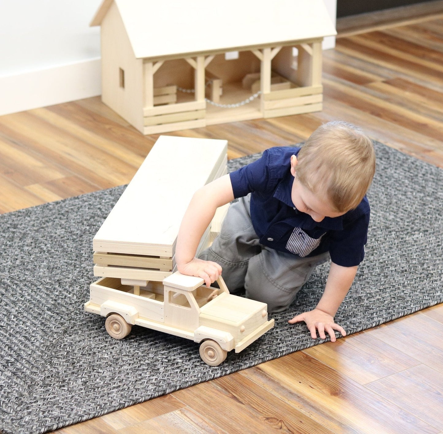 Amish-Made Wooden Toy Pickup and Gooseneck Trailer Set