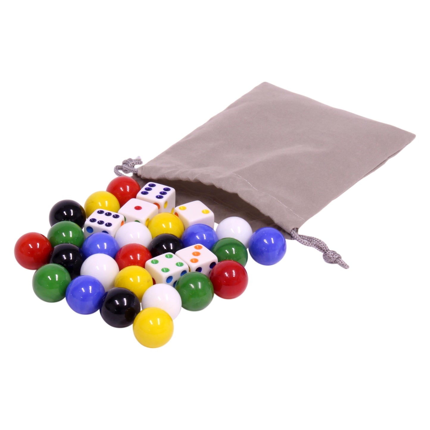 Game Bag of 24 Large Glass Marbles (18mm Diameter) and 6 Dice for Aggravation Game