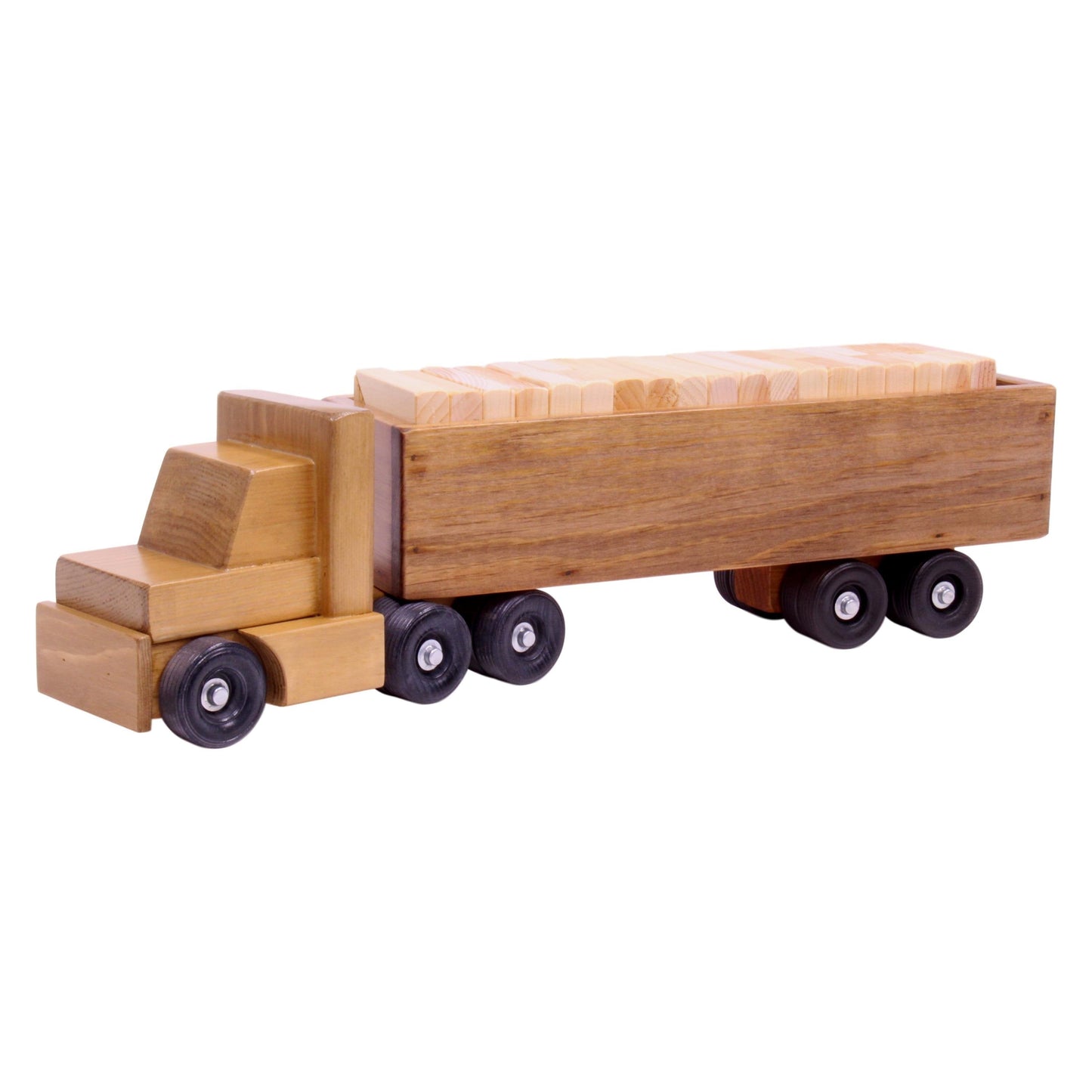 Large Wooden Semi Truck and Trailer Toy with Building Blocks