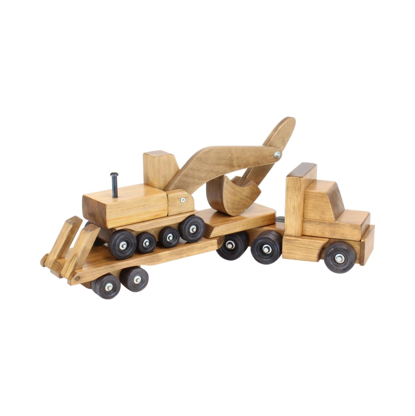 Large Wooden Toy Truck & Low Boy Flatbed Trailer with Excavator Set