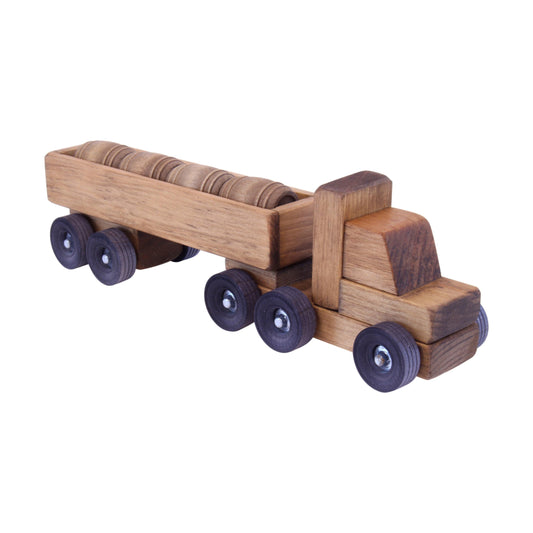 Wooden Semi Truck Toy, Small, With 4 Wooden Drums