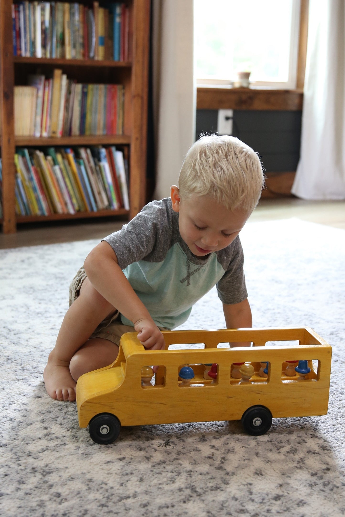 Amish-Made Wooden School Bus Toy With Little People