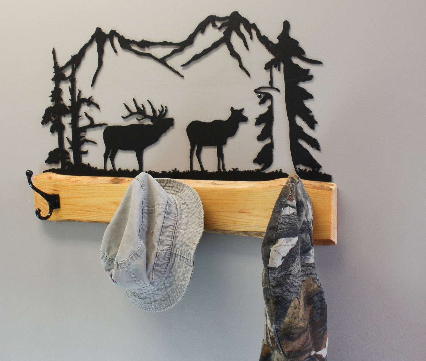 Wood and Metal Coat Rack With 3 Hooks and Rustic Metal Art Silhouette Bear, Deer, or Elk