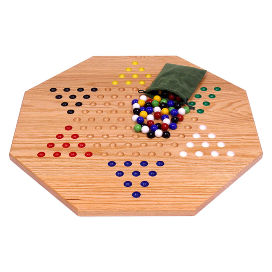 Hand-Painted Oak Wooden Chinese Checkers Board Game, 19" Wide