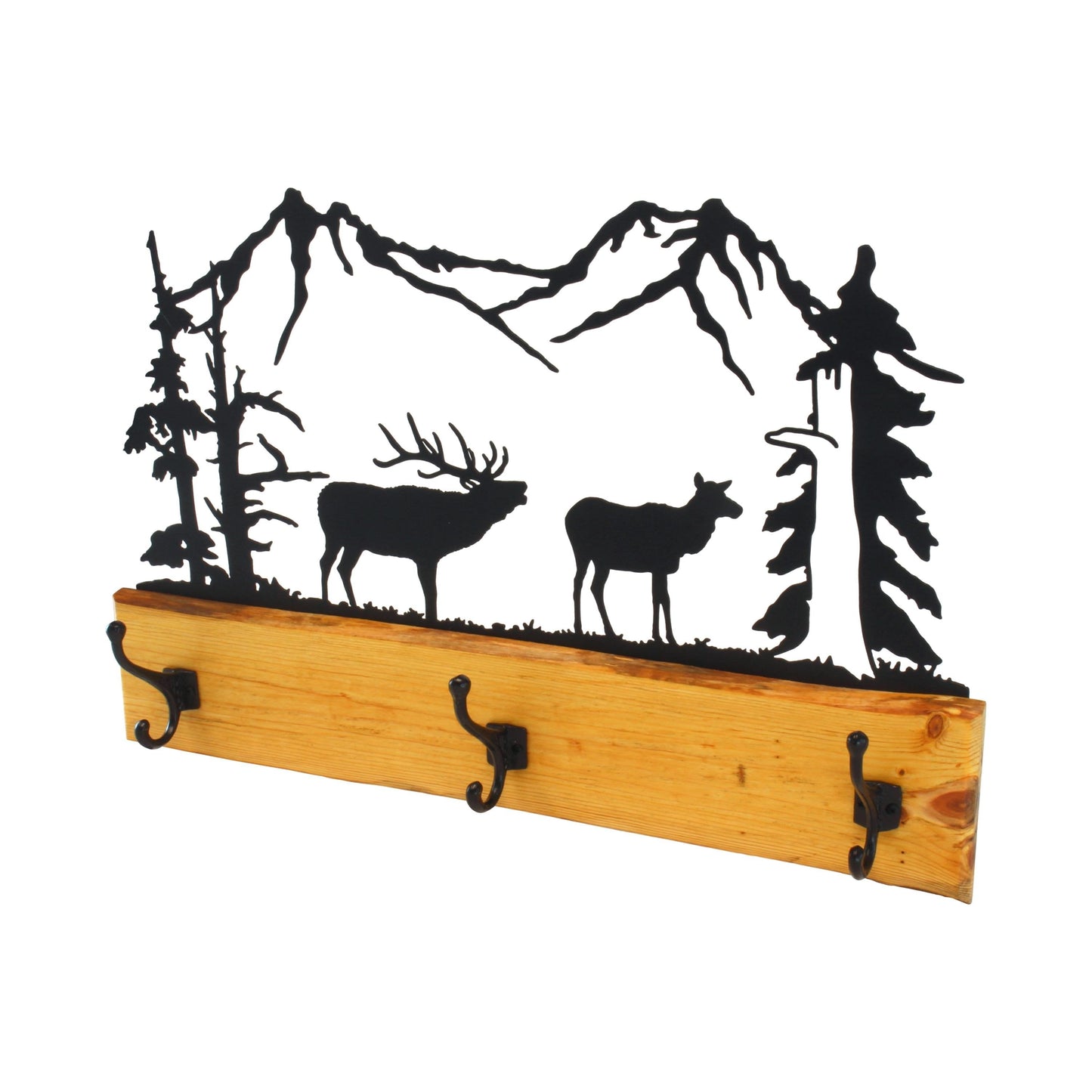 Wood and Metal Coat Rack With 3 Hooks and Rustic Metal Art Silhouette Bear, Deer, or Elk