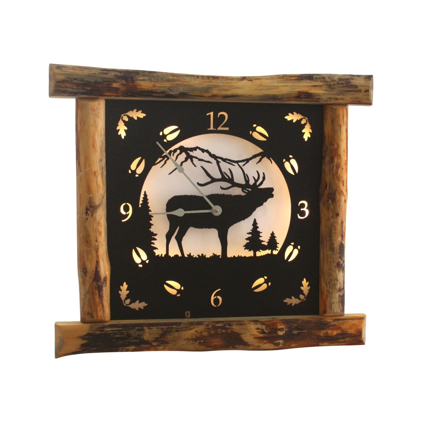 Large Rustic Wall Clock with 16" Analog Display, Background Lights and Wildlife Art