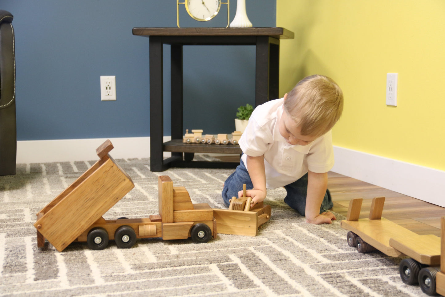 Wooden Dump Truck Toy With Real Rolling Wheels and Dumping Bed