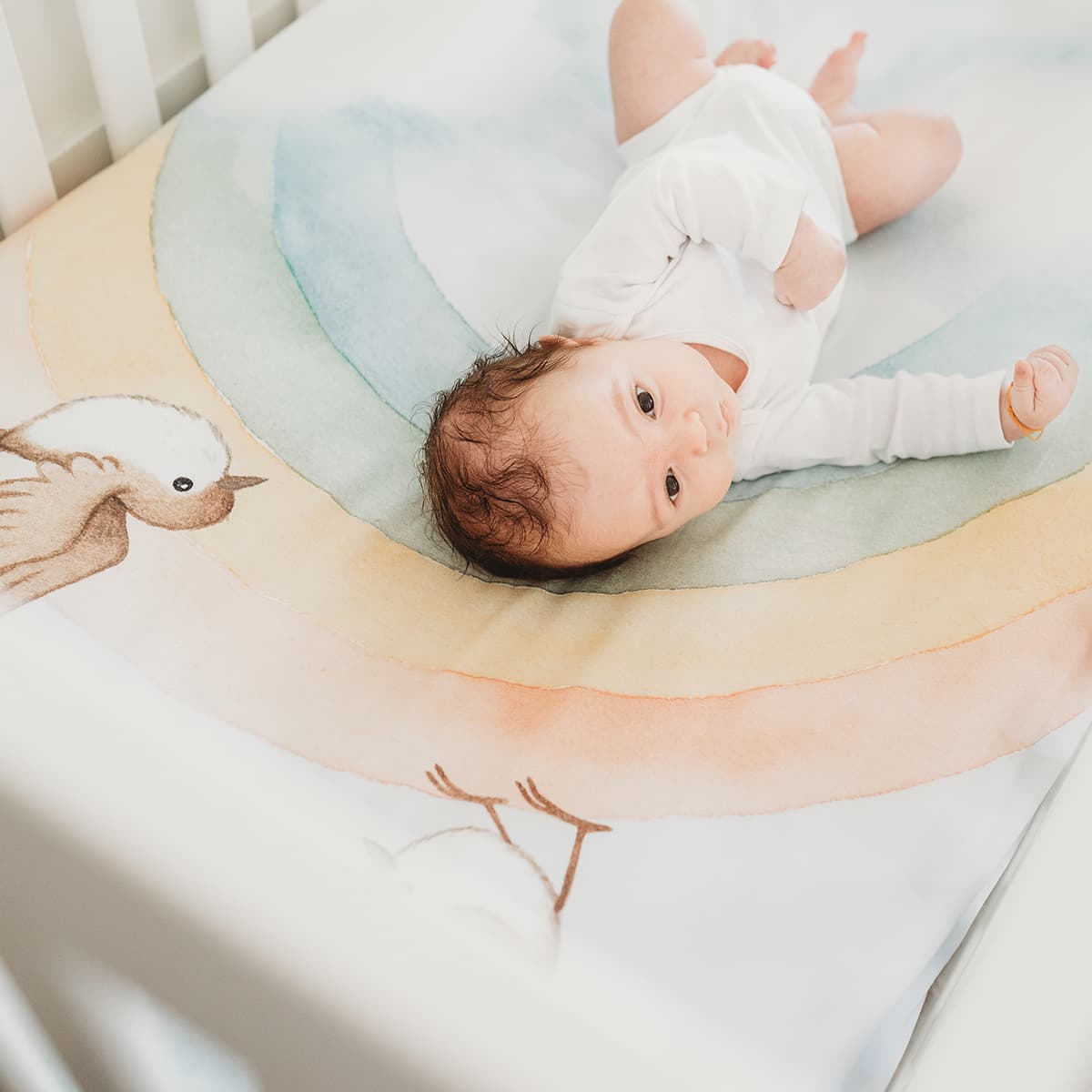 Rainbow and Birds Mini Crib Sheet