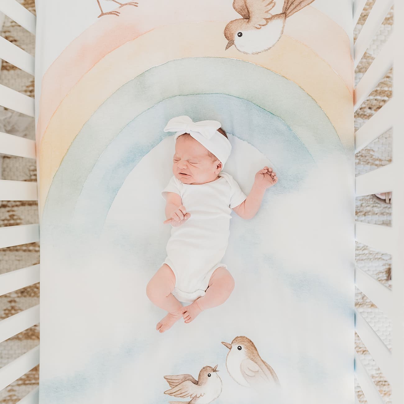 Rainbow and Birds Mini Crib Sheet