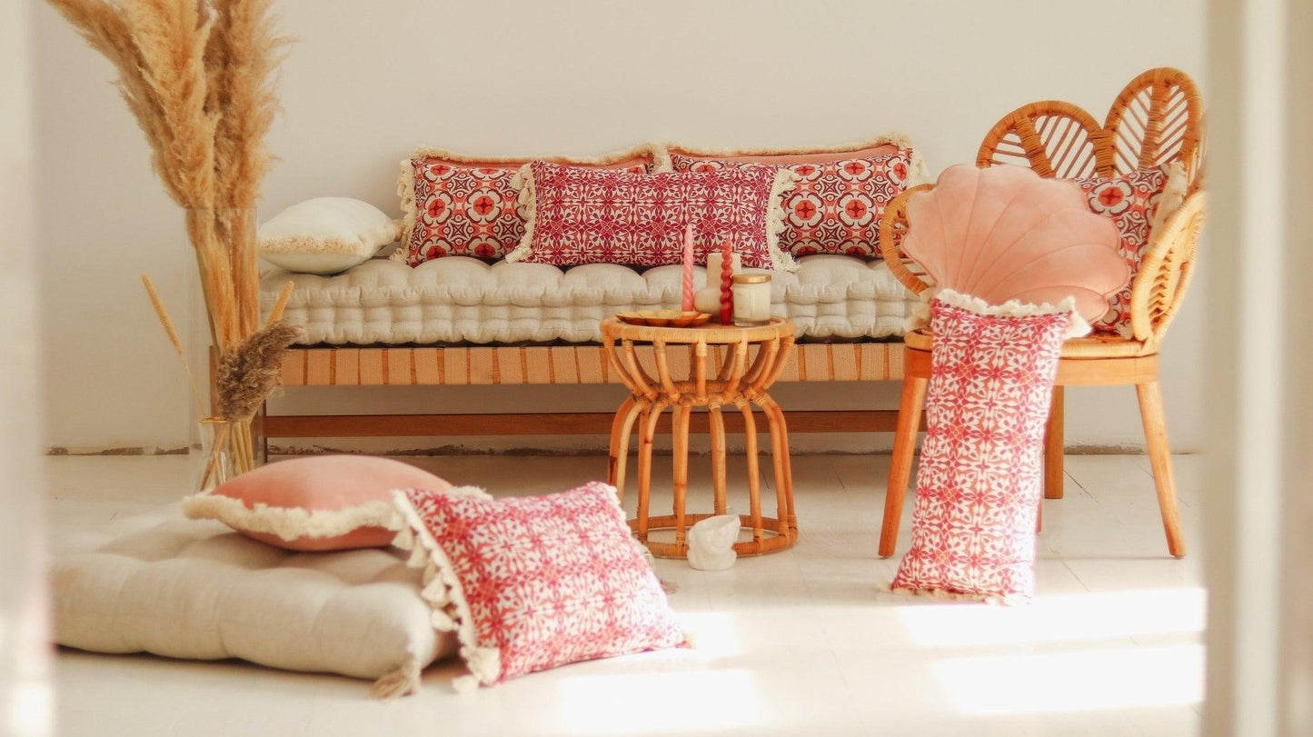 Scarlet Iris in Cancaya Bolster Pillow with Fringe