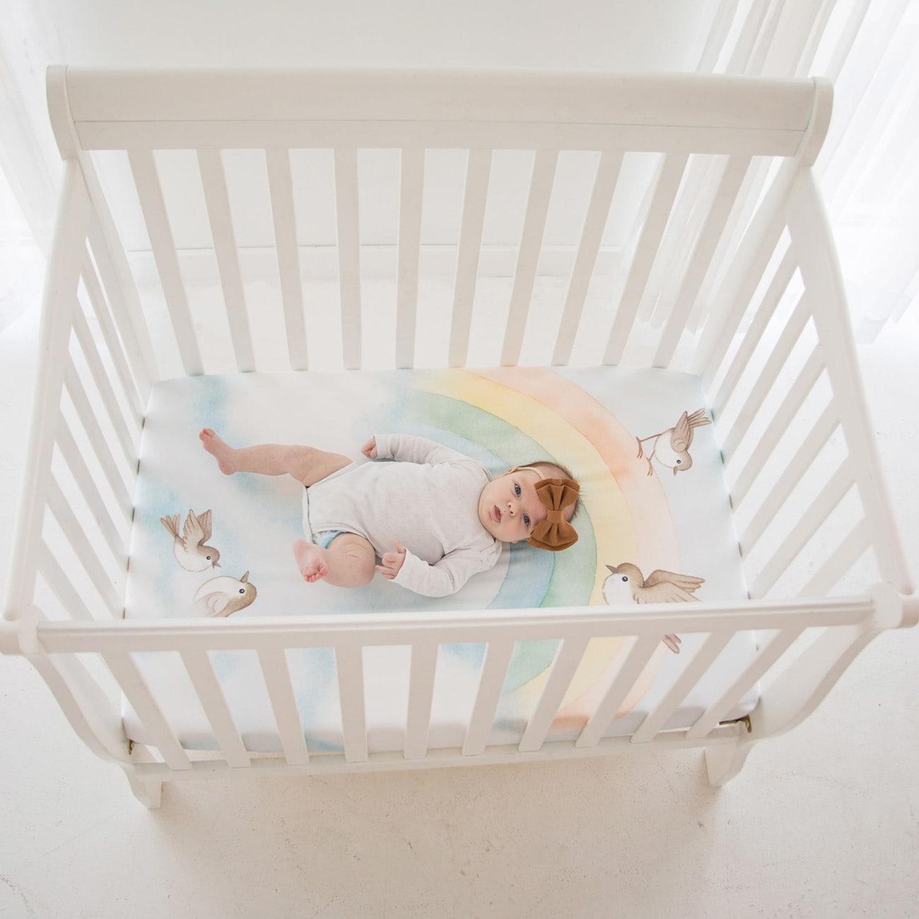 Rainbow and Birds Mini Crib Sheet