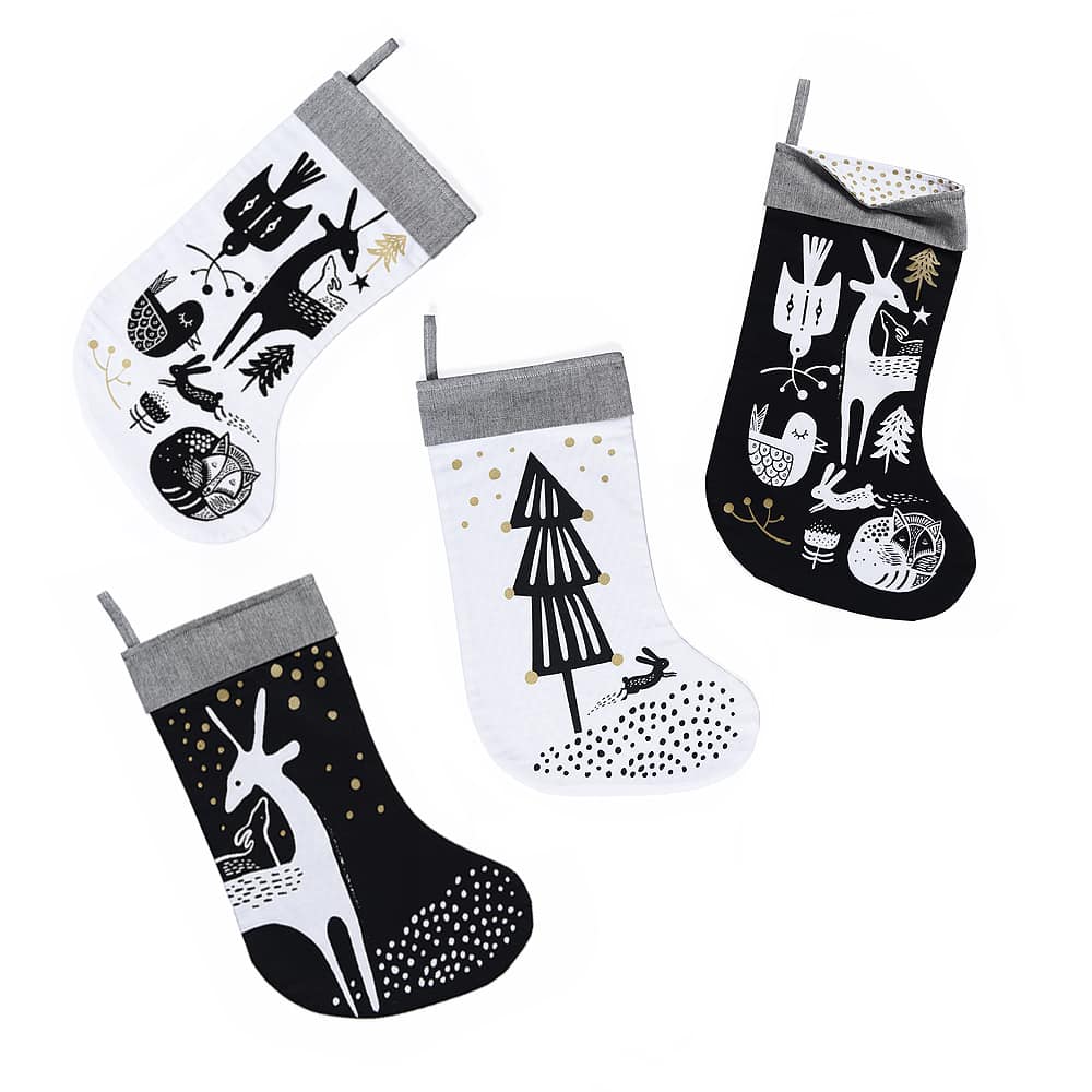 Winter Animals Stocking - White on Black