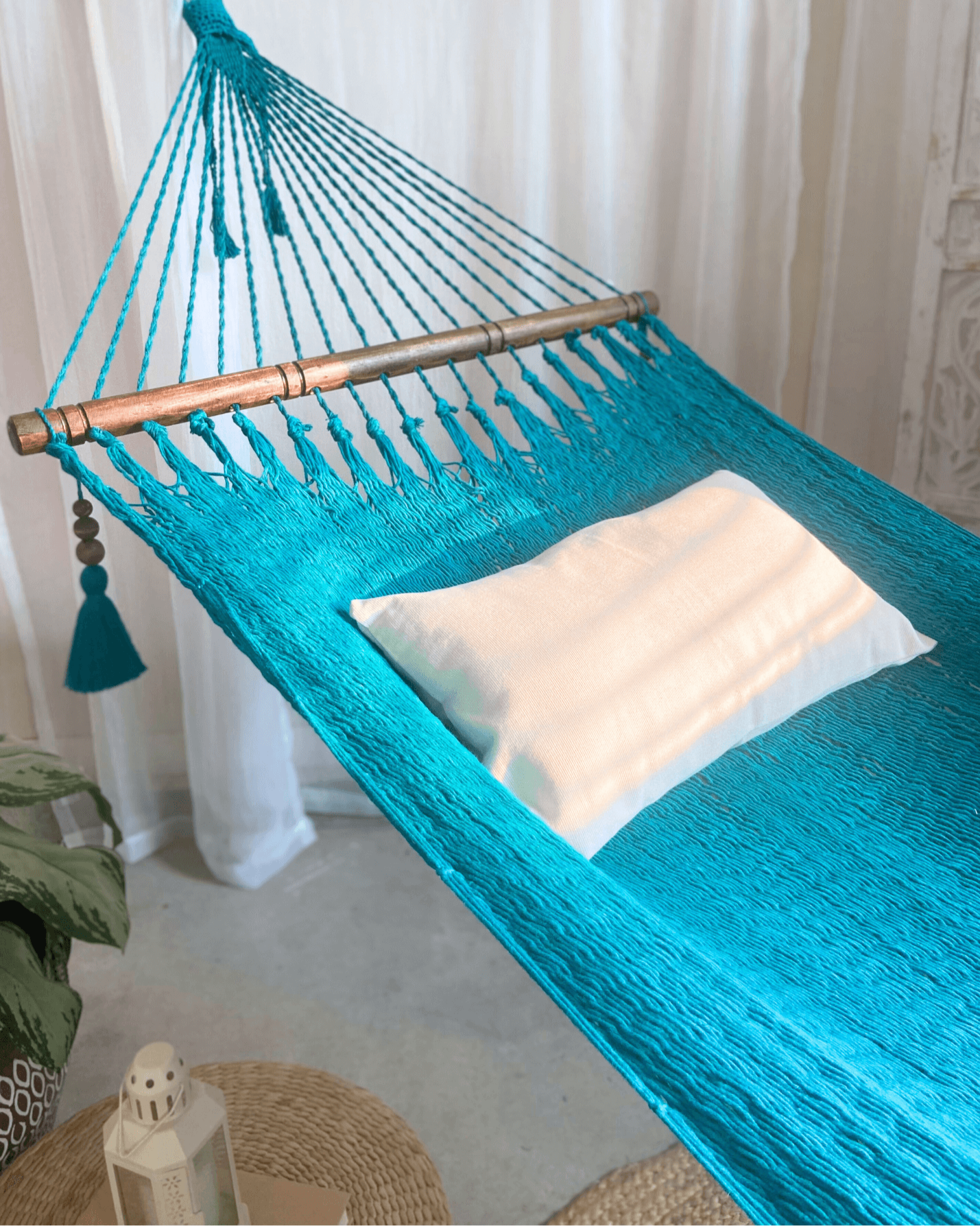 Woven Turquoise Hammock With Wood Spreaders | JULIANNA