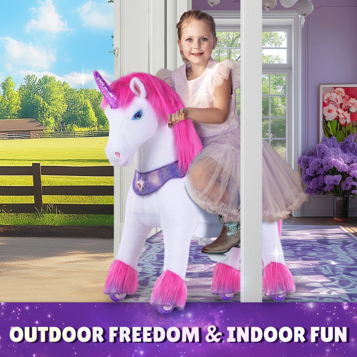 Model Y Pink/Purple Unicorn Rideable Toy for Age 4-7