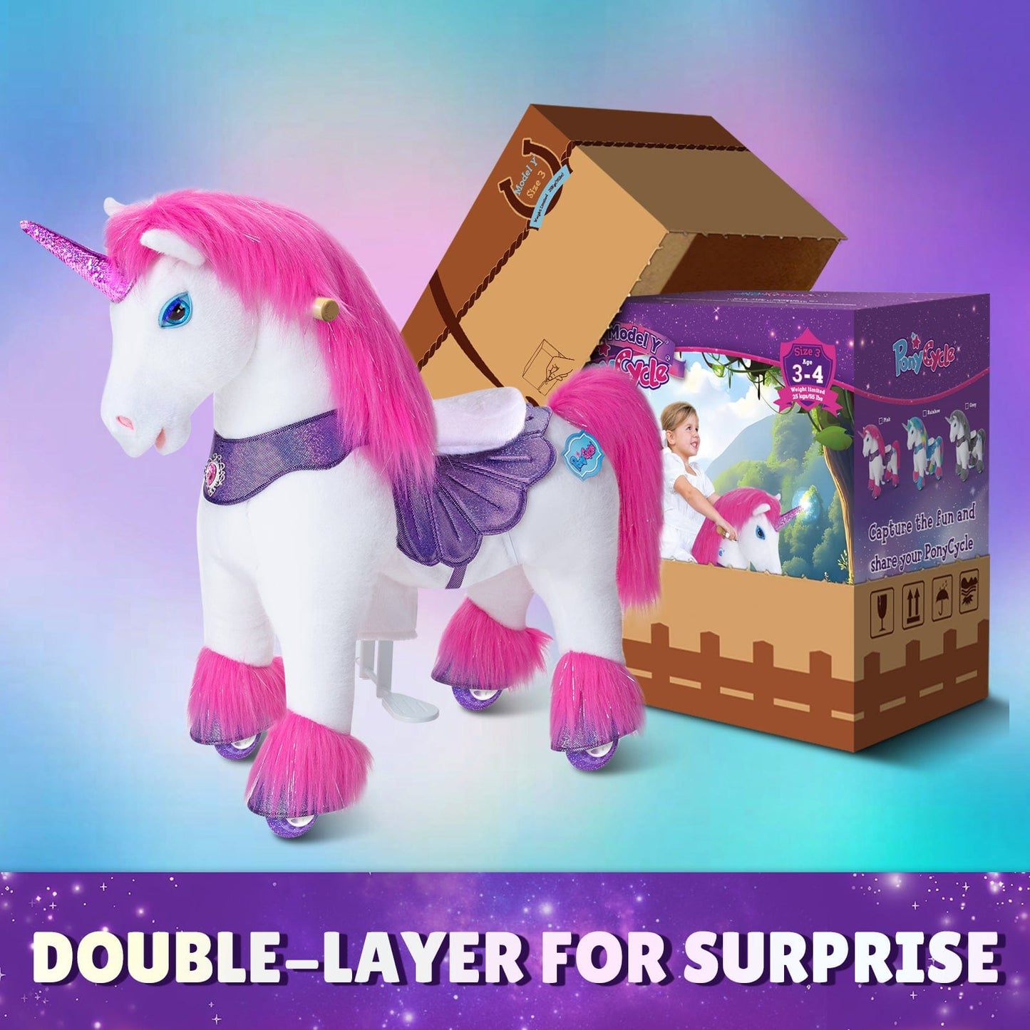 Model Y Pink/Purple Unicorn Rideable Toy for Age 3-4