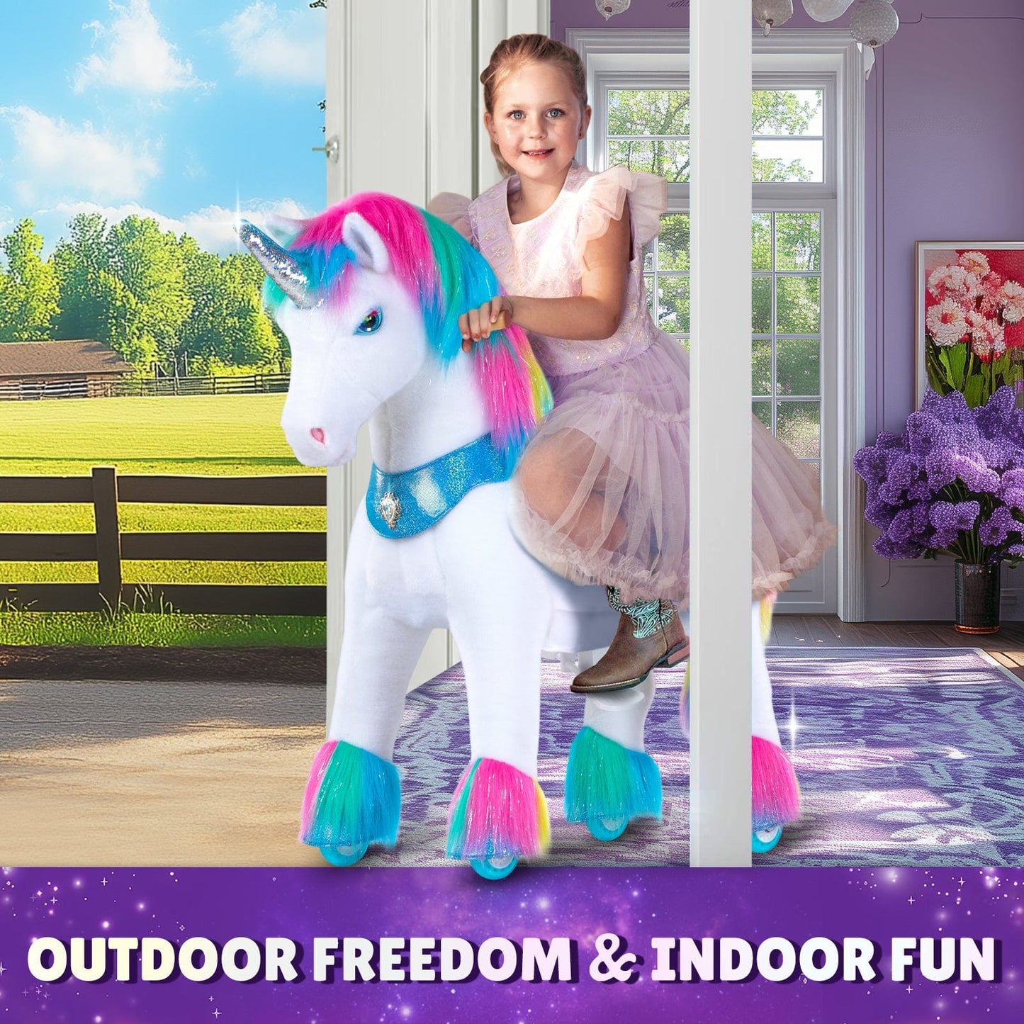 Model Y Rainbow Unicorn Rideable Toy for Age 4-7