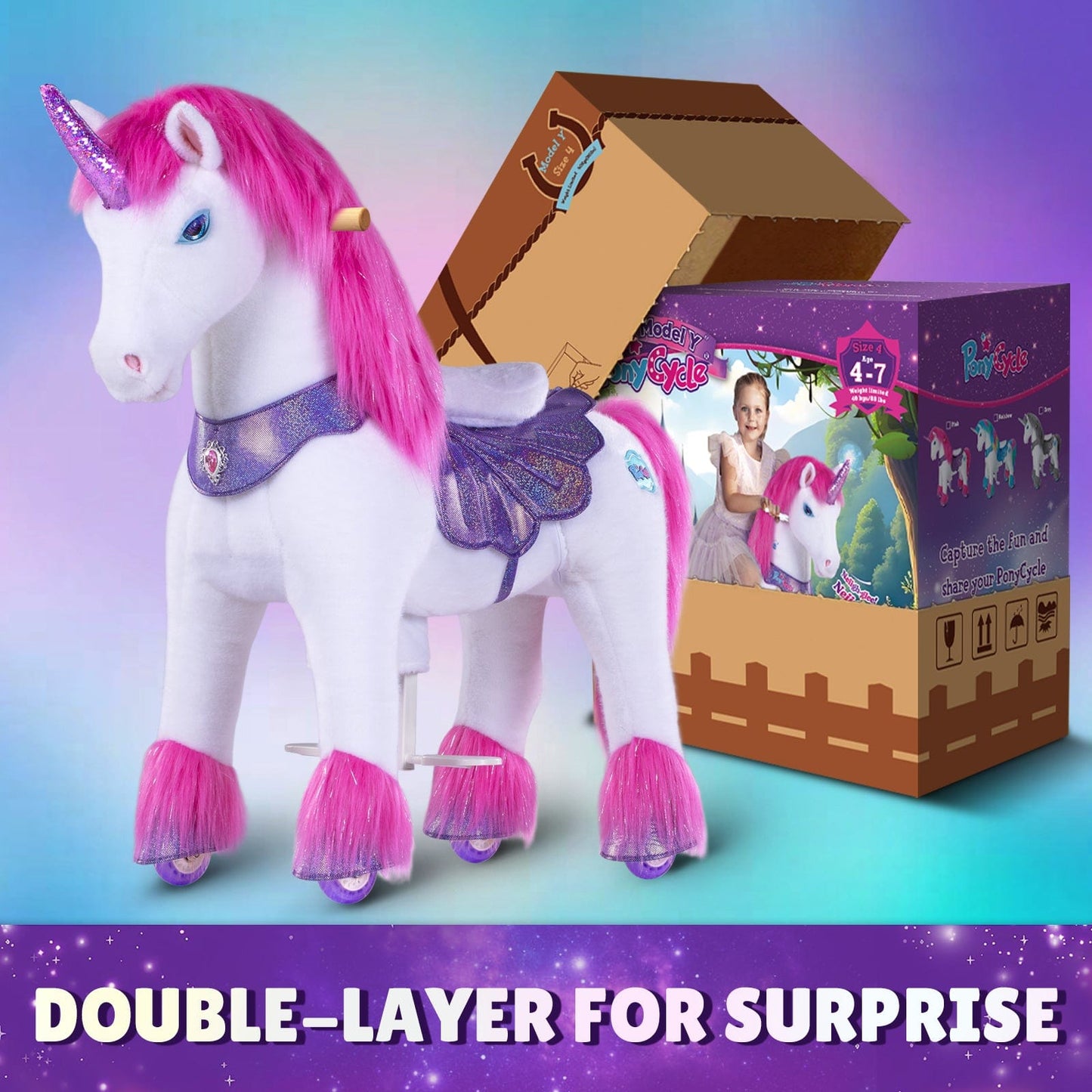 Model Y Pink/Purple Unicorn Rideable Toy for Age 4-7