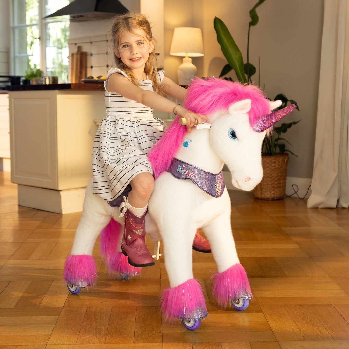 Model Y Pink/Purple Unicorn Rideable Toy for Age 4-7